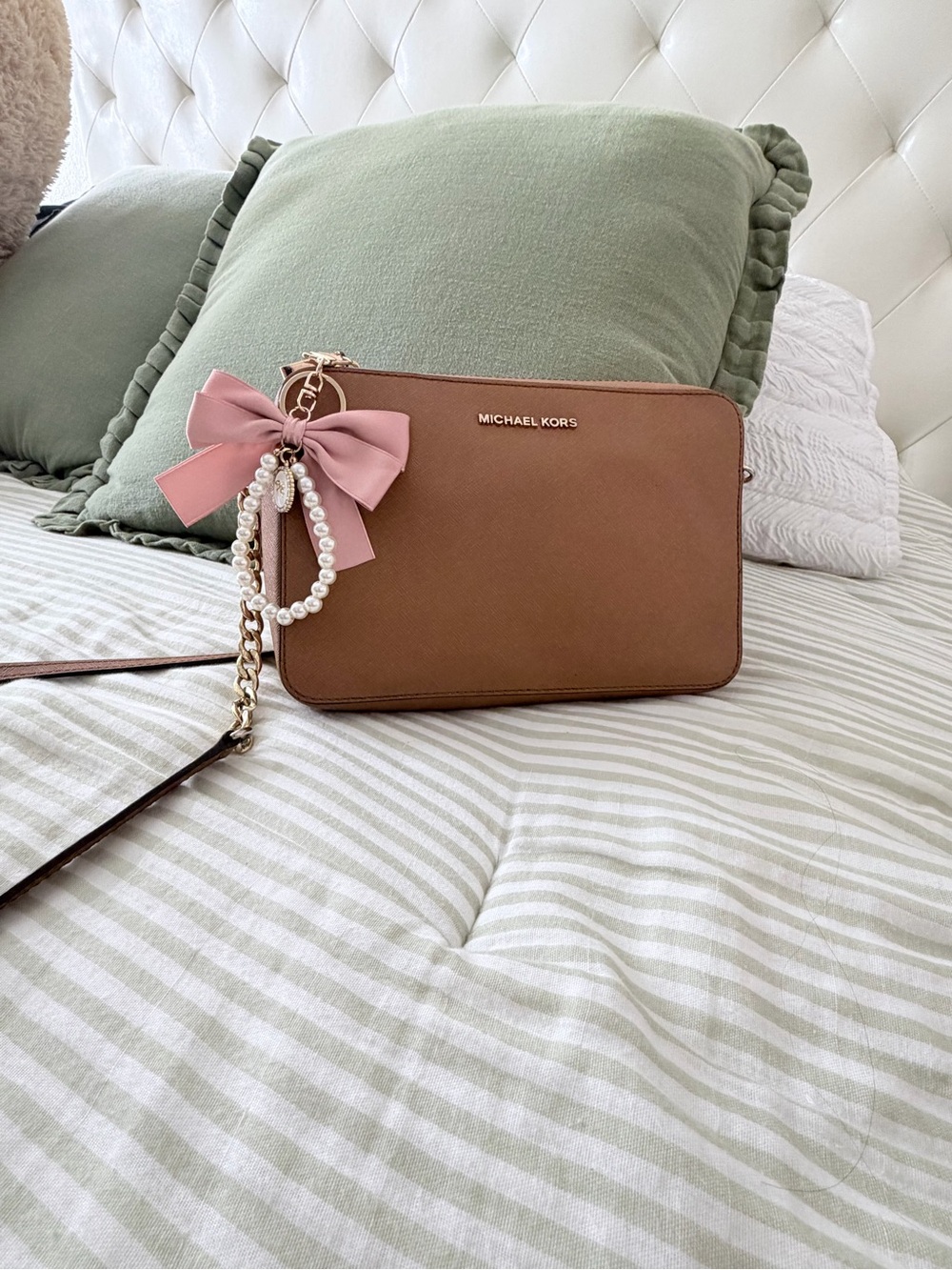 Michael Kors Brown Saffiano Crossbody with Pink Bow Charm